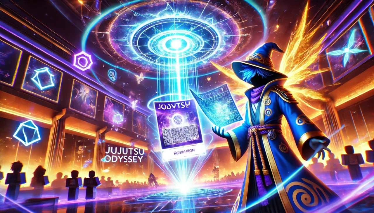 An anime-inspired, semi-realistic image showcasing the excitement of Jujutsu Odyssey codes in Roblox. A glowing, futuristic game code appears on a digital screen, surrounded by a magical aura. A Jujutsu-style warrior in a sorcerer’s cloak holds a mystical scroll, while the neon-lit gaming world unfolds in the background with players searching for codes.