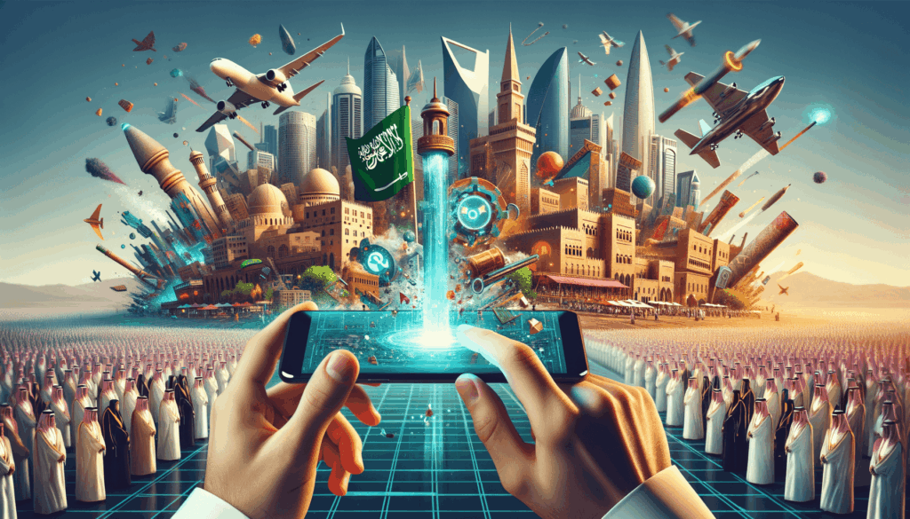 Image of a Saudi skyline blending with digital elements, viewed from a smartphone in hand.