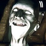 Image of a sinister, pale creature with a twisted, jagged-toothed grin and glowing hollow eyes, set against a shadowy, textured wall in a tight, eerie space from Dead Faces: Horror Room.