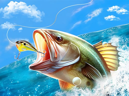 Image of a massive, realistic bass leaping from the ocean, mouth wide open, as it lunges for a detailed, golden fishing lure. The bright blue sky, fluffy white clouds, and splashing water create a dynamic, action-packed fishing scene. 🎣