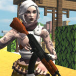 Image of a female character with short white hair and tattoos on both arms, holding an AK-47 rifle. She is wearing a white tactical vest and a bullet belt around her waist. The background features a blocky, Minecraft-style environment with green bushes, a wooden structure, and a bright blue sky. The image has a semi-realistic 3D-rendered appearance with a pixelated aesthetic.