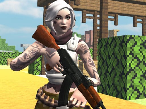 Image of a female character with short white hair and tattoos on both arms, holding an AK-47 rifle. She is wearing a white tactical vest and a bullet belt around her waist. The background features a blocky, Minecraft-style environment with green bushes, a wooden structure, and a bright blue sky. The image has a semi-realistic 3D-rendered appearance with a pixelated aesthetic.