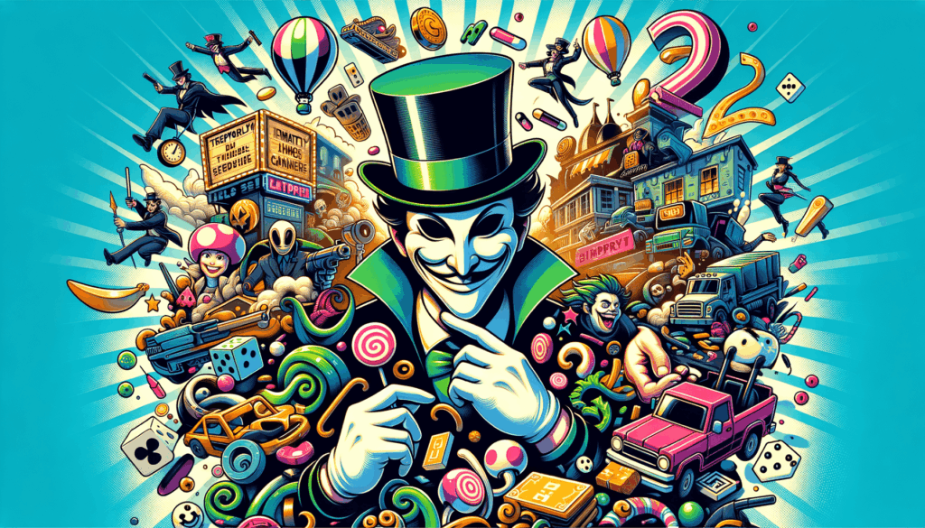 Image of a whimsical scene with vibrant characters, a masked figure, dice, candy, and balloons.