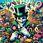 Image of a whimsical scene with vibrant characters, a masked figure, dice, candy, and balloons.