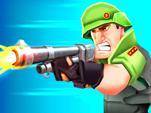 Image of a determined soldier in a green uniform aiming and firing a large silver gun, with a bright blue background adding a dynamic action effect.