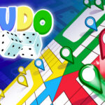 Image of a vibrant Ludo classic game thumbnail featuring a colorful board with red, green, yellow, and blue paths, dice, and map pin-like player tokens. The word "LUDO" appears in bold, multicolored letters alongside a pair of white dice, set against a dynamic blue background.