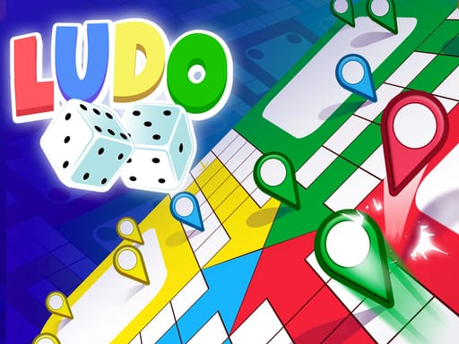 Image of a vibrant Ludo classic game thumbnail featuring a colorful board with red, green, yellow, and blue paths, dice, and map pin-like player tokens. The word "LUDO" appears in bold, multicolored letters alongside a pair of white dice, set against a dynamic blue background.