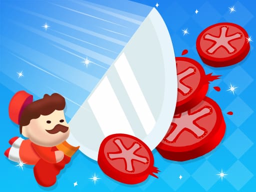 Image of a cartoon chef in a red outfit with a mustache, energetically chopping bright red tomato slices with a large, shining knife on a blue checkered background.