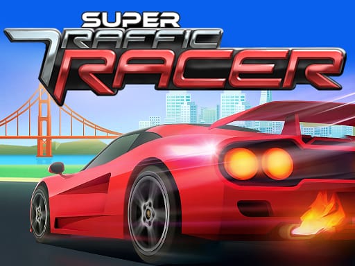 Super Traffic Racer: A sleek red sports car speeds past city traffic with flames bursting from exhaust, bridge in background.