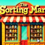 Image of The Sorting Mart, a vibrant and colorful storefront with a red-and-white striped awning. The shop’s bright yellow sign displays the game’s title in bold, playful letters. Shelves filled with neatly arranged jars of various goods line the windows, giving off a cozy, welcoming feel. A small cursor hand hovers over the display, hinting at the interactive gameplay. The background features a sunny sky, enhancing the cheerful and engaging atmosphere of this fun sorting puzzle game. 🛒✨