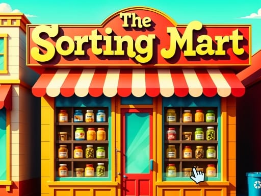 Image of The Sorting Mart, a vibrant and colorful storefront with a red-and-white striped awning. The shop’s bright yellow sign displays the game’s title in bold, playful letters. Shelves filled with neatly arranged jars of various goods line the windows, giving off a cozy, welcoming feel. A small cursor hand hovers over the display, hinting at the interactive gameplay. The background features a sunny sky, enhancing the cheerful and engaging atmosphere of this fun sorting puzzle game. 🛒✨