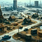 Image of a post-apocalyptic village with old cars, houses, and distant cooling towers.