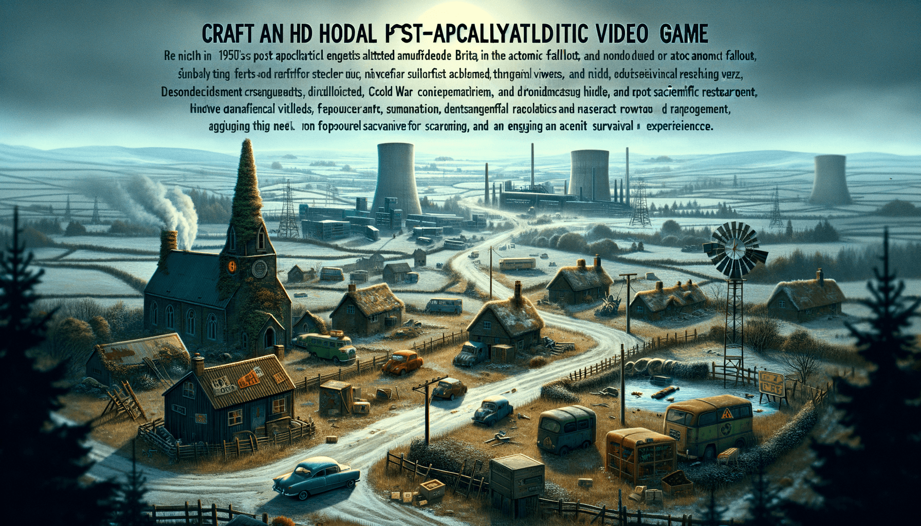 Image of a post-apocalyptic village with old cars, houses, and distant cooling towers.