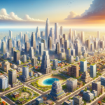 Image of a futuristic cityscape with tall skyscrapers, lush green spaces, and a central blue pond.