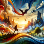 Image of a silhouetted figure with a sword amidst swirling vibrant colors, birds, and a bright sun.