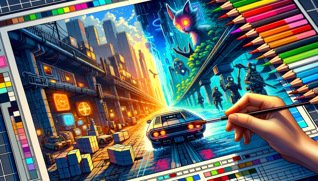 Enginefall Unveiled: Exclusive Gameplay Trailer and Playtest Details! Image of a hand painting a vibrant sci-fi cityscape split between day and night with colored pencils.