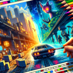 Image of a hand painting a vibrant sci-fi cityscape split between day and night with colored pencils.