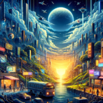 Image of a vibrant futuristic cityscape with flying vehicles, neon lights, and a glowing sunset.