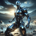 Image of a metallic humanoid in a coliseum, with sunlight breaking through cloudy skies.
