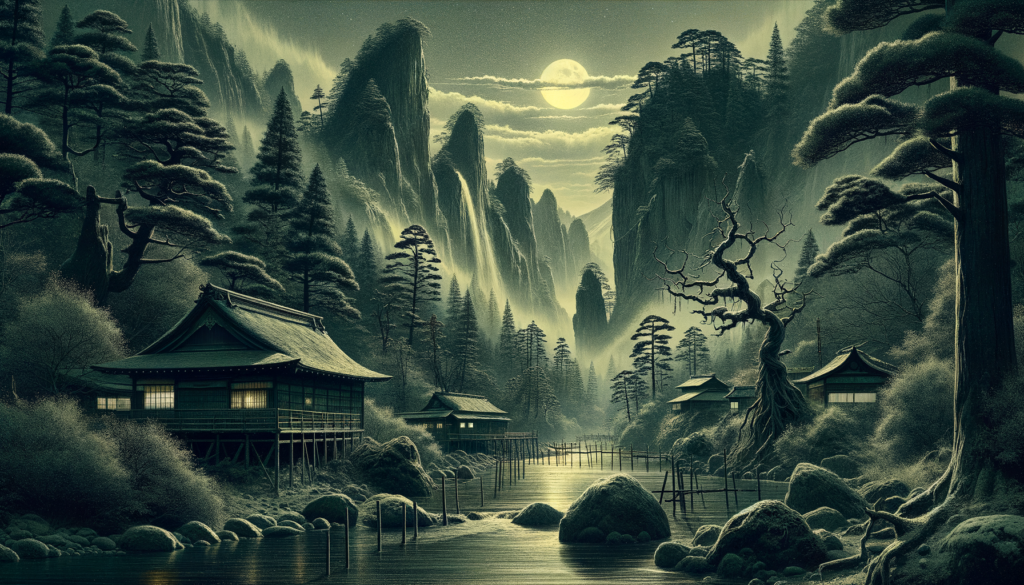 Image of a serene landscape with moonlit mountains, traditional houses, and lush pine trees.