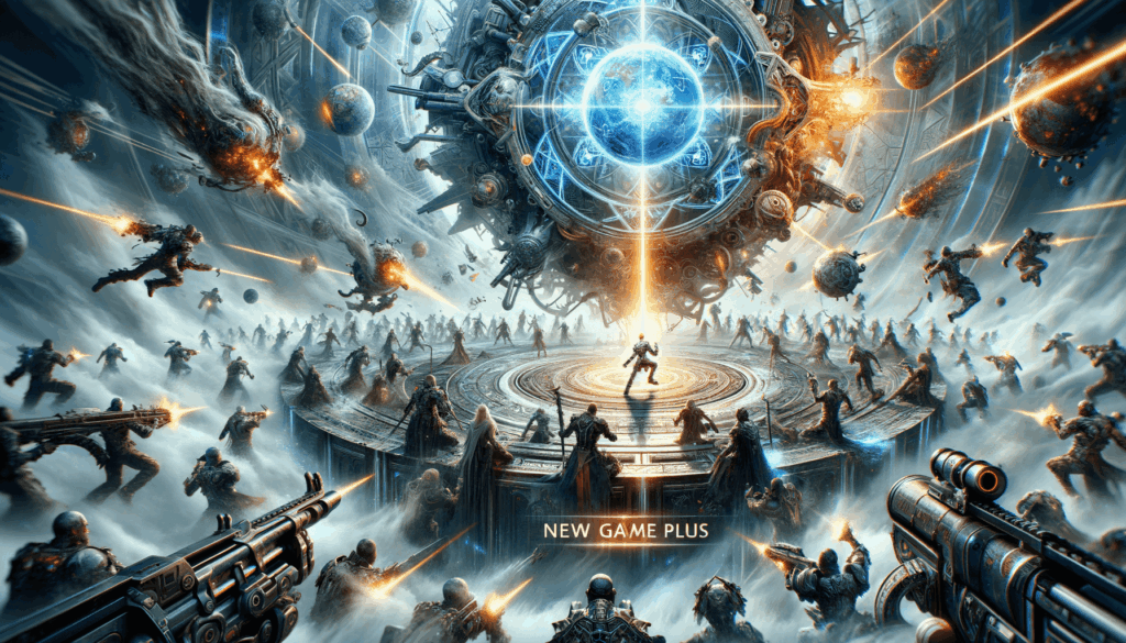 Image of futuristic warriors in battle, with glowing orb and swirling cosmos. Text: "NEW GAME PLUS".