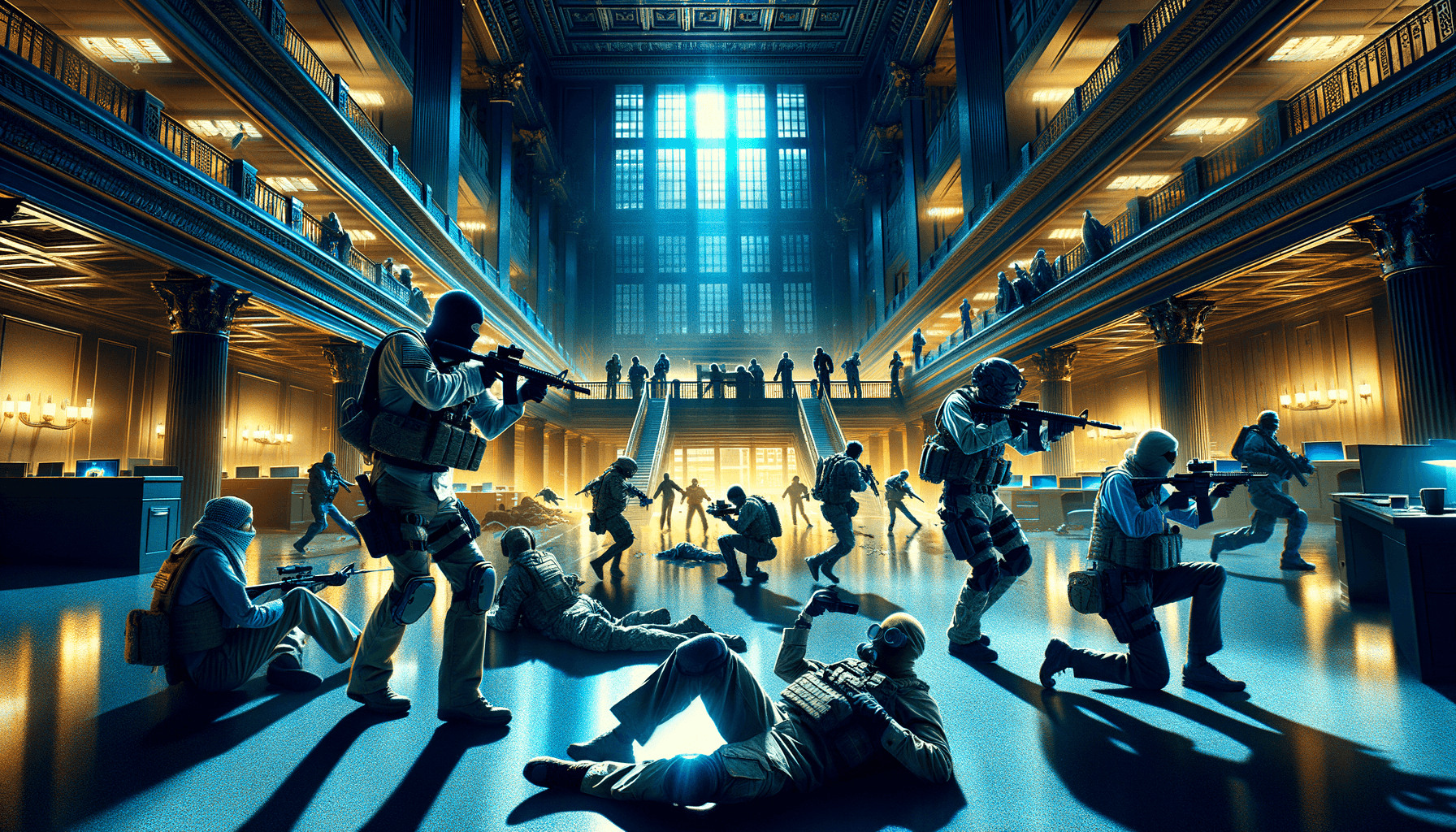 Image of armed soldiers in tactical gear navigating a grand, illuminated hall.