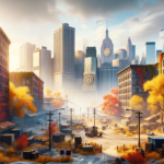 Image of a vibrant cityscape with autumn-colored trees and old buildings lining a quiet street.