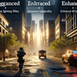 Image of a city street with soldiers, vehicles, and sunlight filtering through buildings.