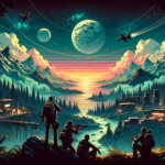 Image of a futuristic landscape with people, mountains, planets, and aircraft above an ethereal sunset.
