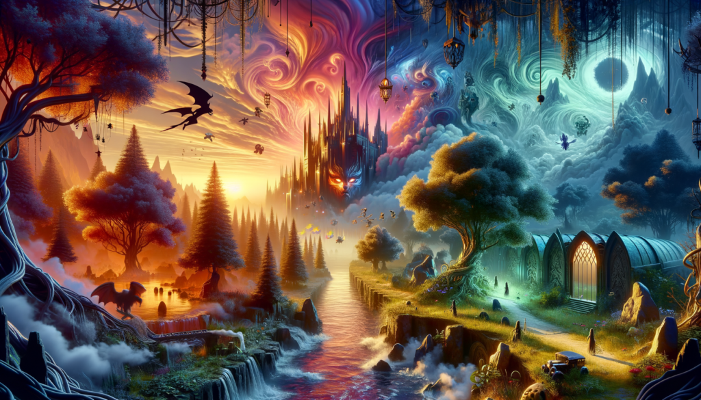 Image of a fantasy landscape with vivid colors, a castle, mythical creatures, and a glowing forest.