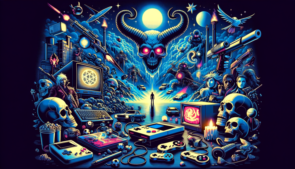 Image of a surreal scene with neon-lit skulls, retro electronics, and a looming horned figure.