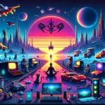 Image of a retro-futuristic landscape with computers, vehicles, planets, and vibrant neon colors.