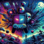 Image of a colorful, chaotic scene with a game controller and digital elements in a cosmic swirl.