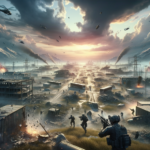 Image of a post-apocalyptic battlefield with soldiers, smoke, helicopters, and a dramatic sunset.