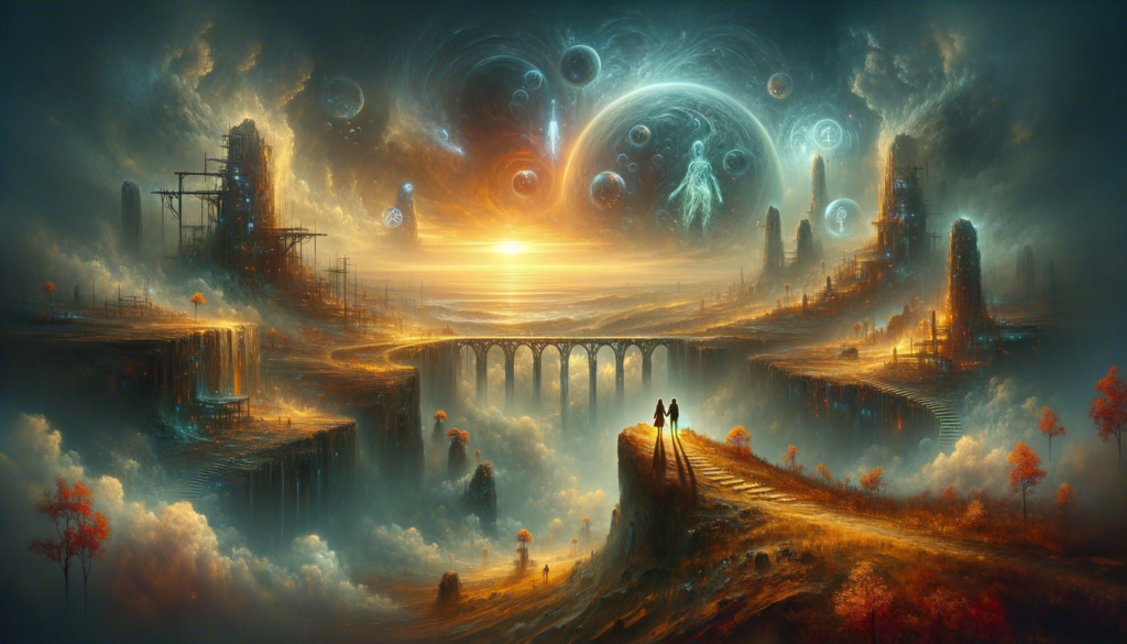 Death Stranding 2: On The Beach Trailer Reveals Romantic Tension Between Sam and Fragile! Image of a fantastical landscape with a glowing sun, cosmic orbs, and a couple on a cliff.