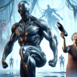 Image of a futuristic setting with a robot facing an elderly woman holding a shoe defiantly.