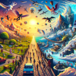 Image of a surreal landscape with flying figures, mythical creatures, and a glowing central sun.
