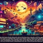 Image of a vibrant, colorful retro-futuristic cityscape with flying vehicles and celestial elements.