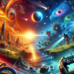 Image of colorful fantasy worlds merging, with surreal landscapes, creatures, and a game controller.