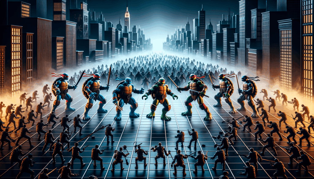 Image of four cartoon turtles ready for action in a stylized cityscape, surrounded by foes.