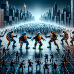 Image of four cartoon turtles ready for action in a stylized cityscape, surrounded by foes.