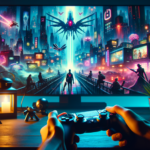 Image of hands holding a controller, with a futuristic game displayed on a monitor.