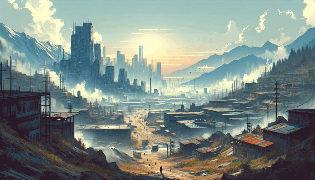 Escape Condition: Watch the Official Alpha Trailer for This New FPS! Image of a sprawling cityscape with towering buildings under a glowing sunset and misty mountains.