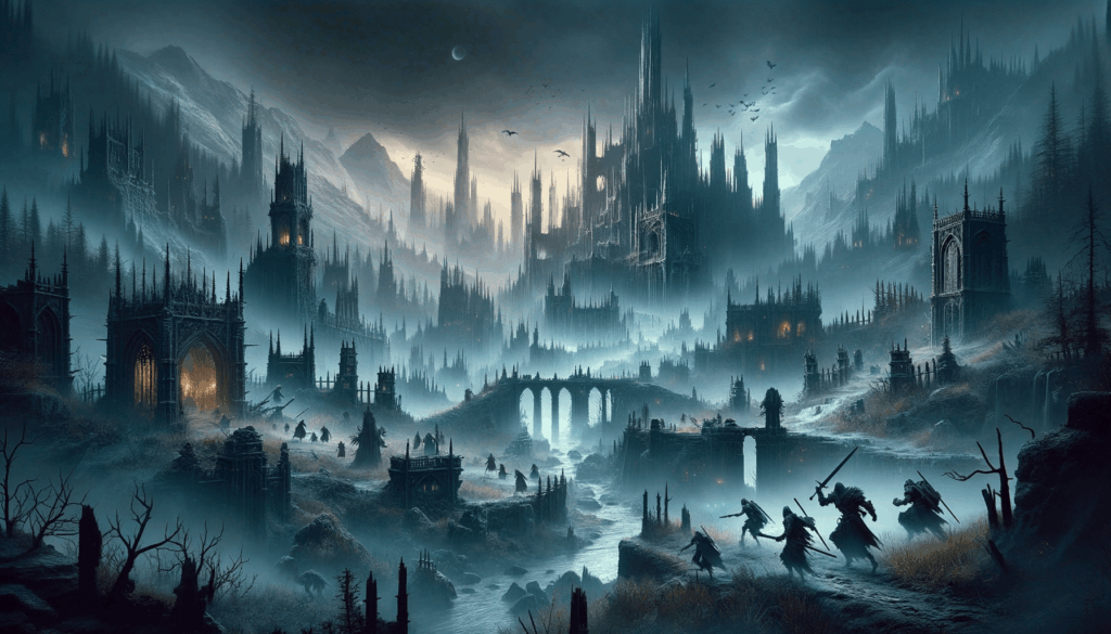 Image of a dark, mysterious fantasy landscape with shadowy figures and towering gothic structures.
