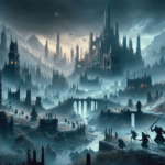 Image of a dark, mysterious fantasy landscape with shadowy figures and towering gothic structures.