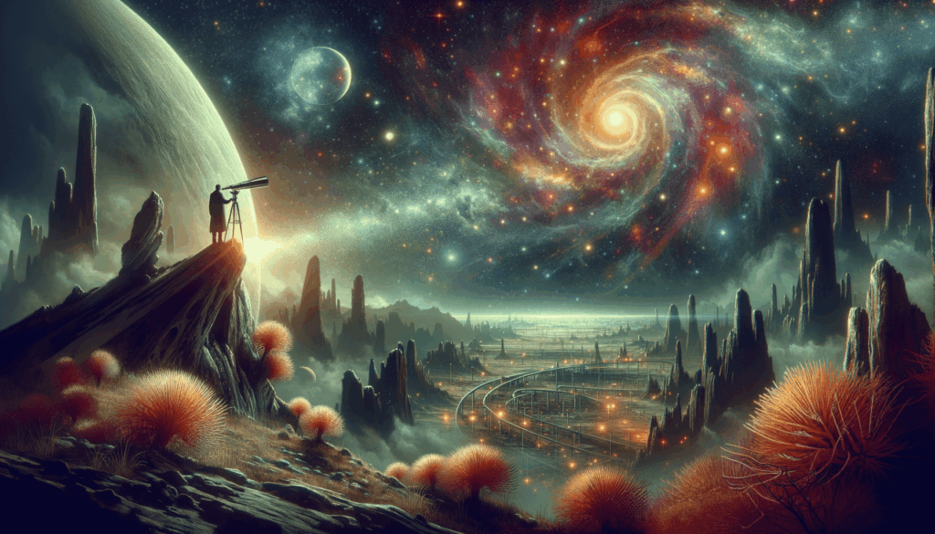 Image of a person with a telescope on a rocky peak, gazing at a colorful spiral galaxy.