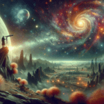 Image of a person with a telescope on a rocky peak, gazing at a colorful spiral galaxy.