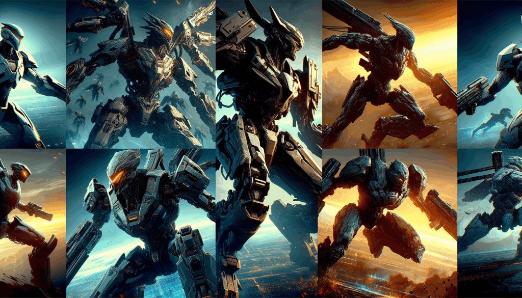 Warframe's Techrot Encore Update Brings New Protoframes and Intense Action! Image of futuristic robots in dynamic poses, set against vivid skies and landscapes.
