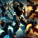 Image of futuristic robots in dynamic poses, set against vivid skies and landscapes.