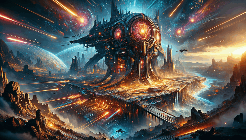 Image of a futuristic cityscape with a colossal metallic structure under a vibrant cosmic sky.